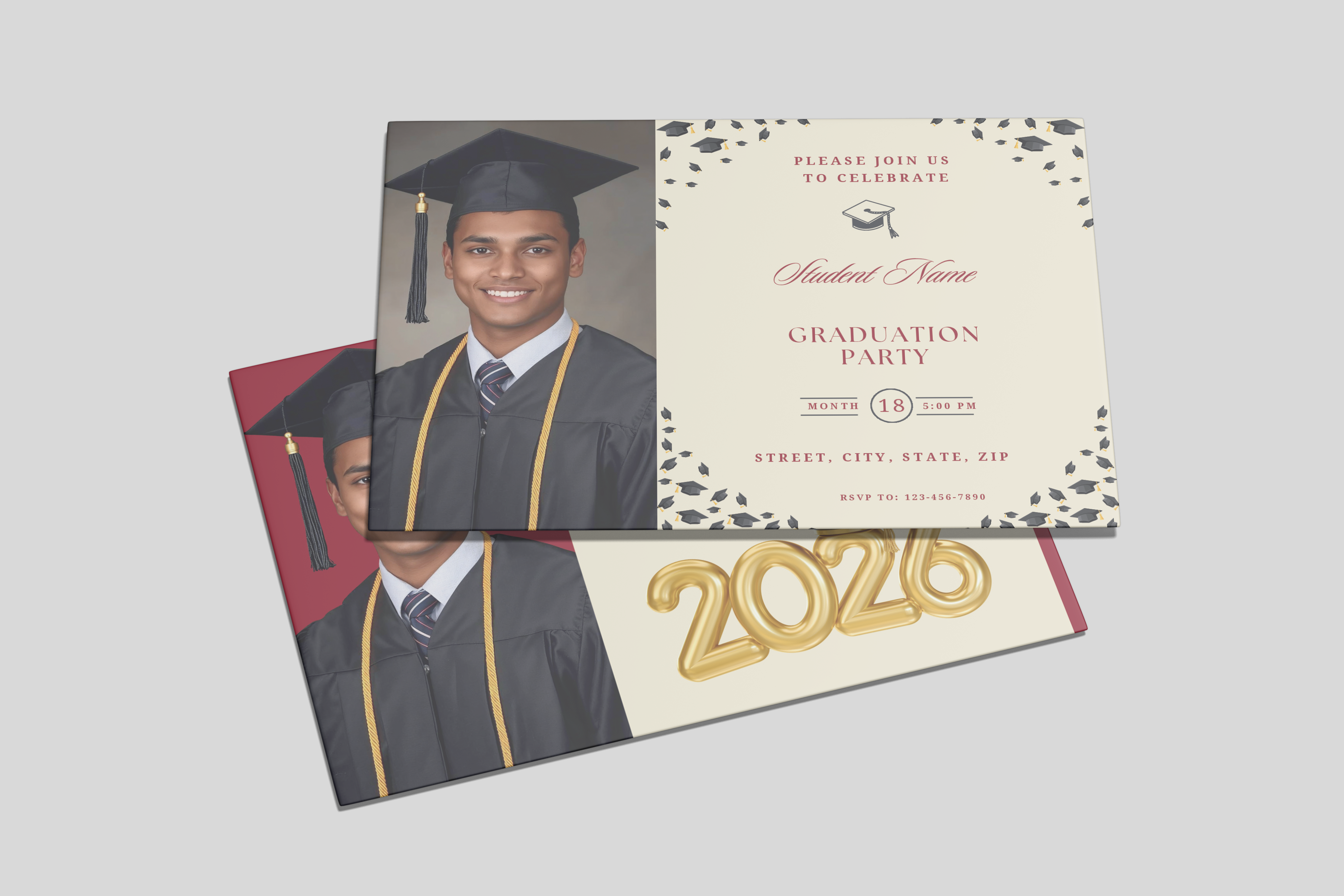 Graduation party invitation with a photo of a graduate on a gray background