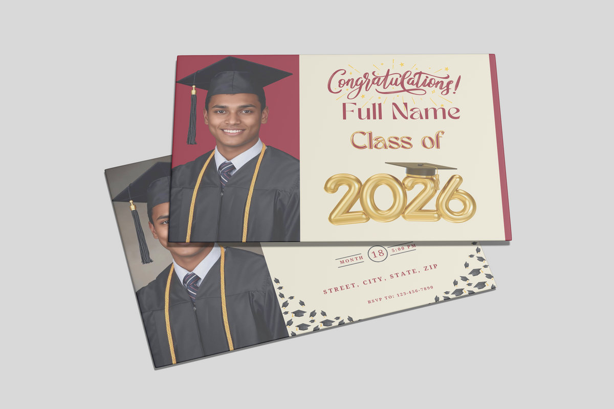Graduation invitation card with a photo of a graduate and 'Congratulations! Class of 2026' text.