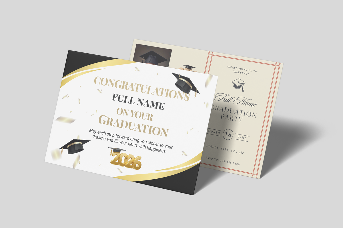 Graduation-themed invitations with caps and tassels on a gray background