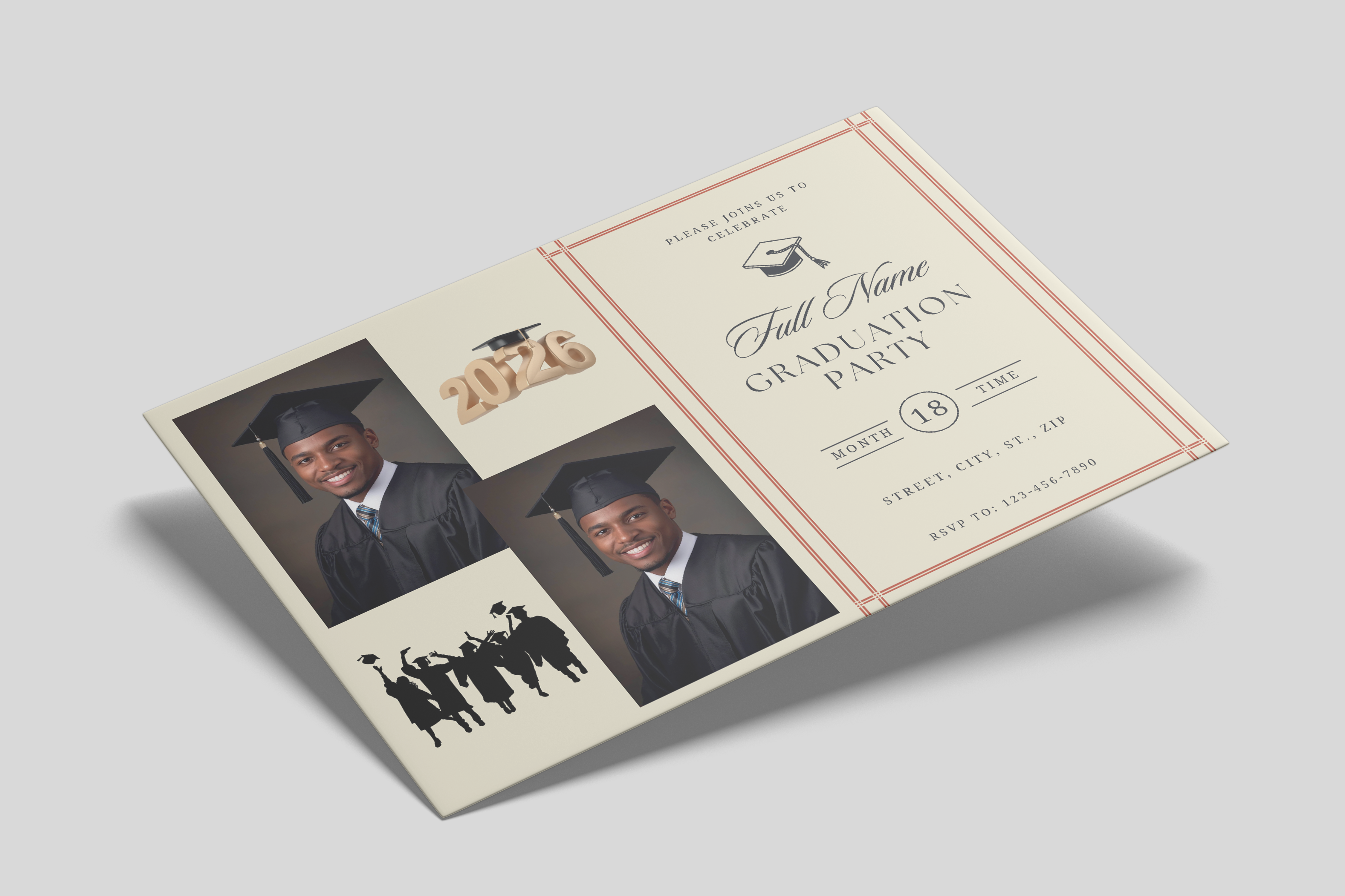 Graduation party invitation with photos of a graduate on a light gray background