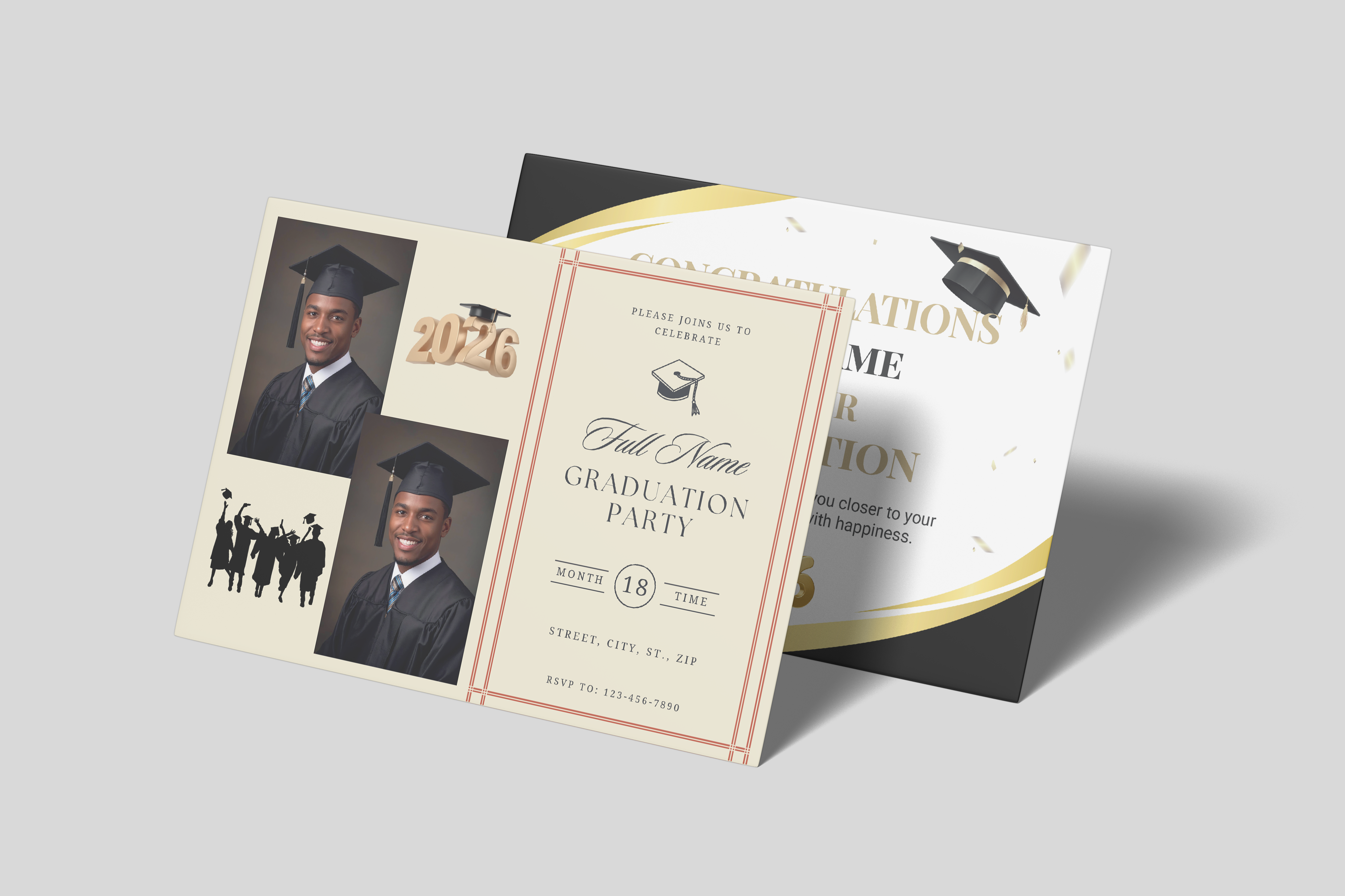 Graduation party invitation with photos of a graduate on a gray background