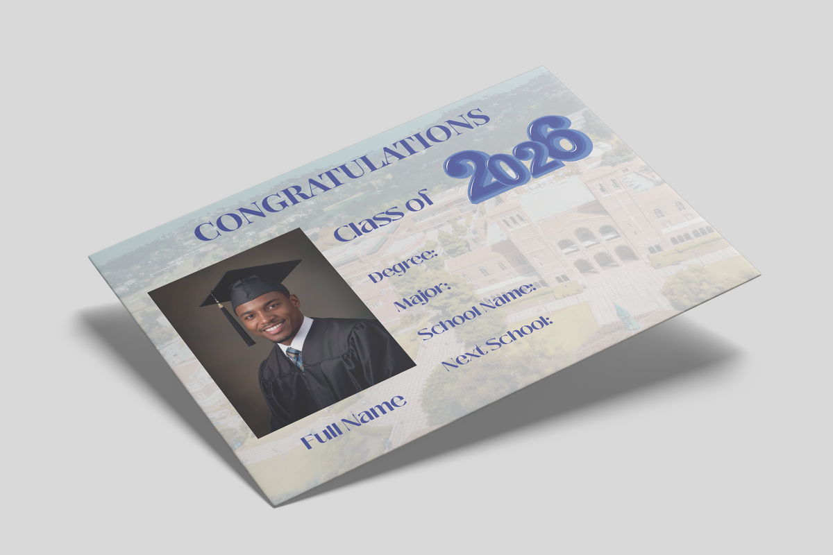 Graduation certificate with a photo of a graduate and 'Congratulations Class of 2026' text on a light gray background.