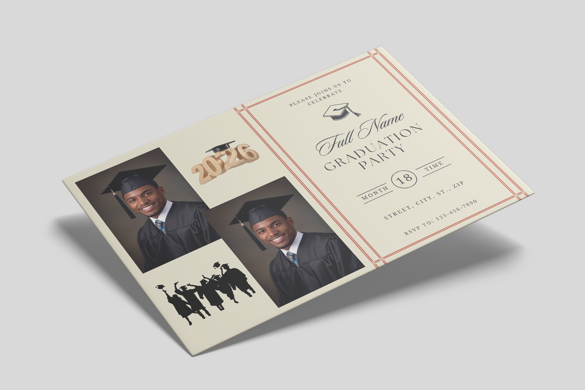 Graduation party invitation with photos of a graduate on a light gray background