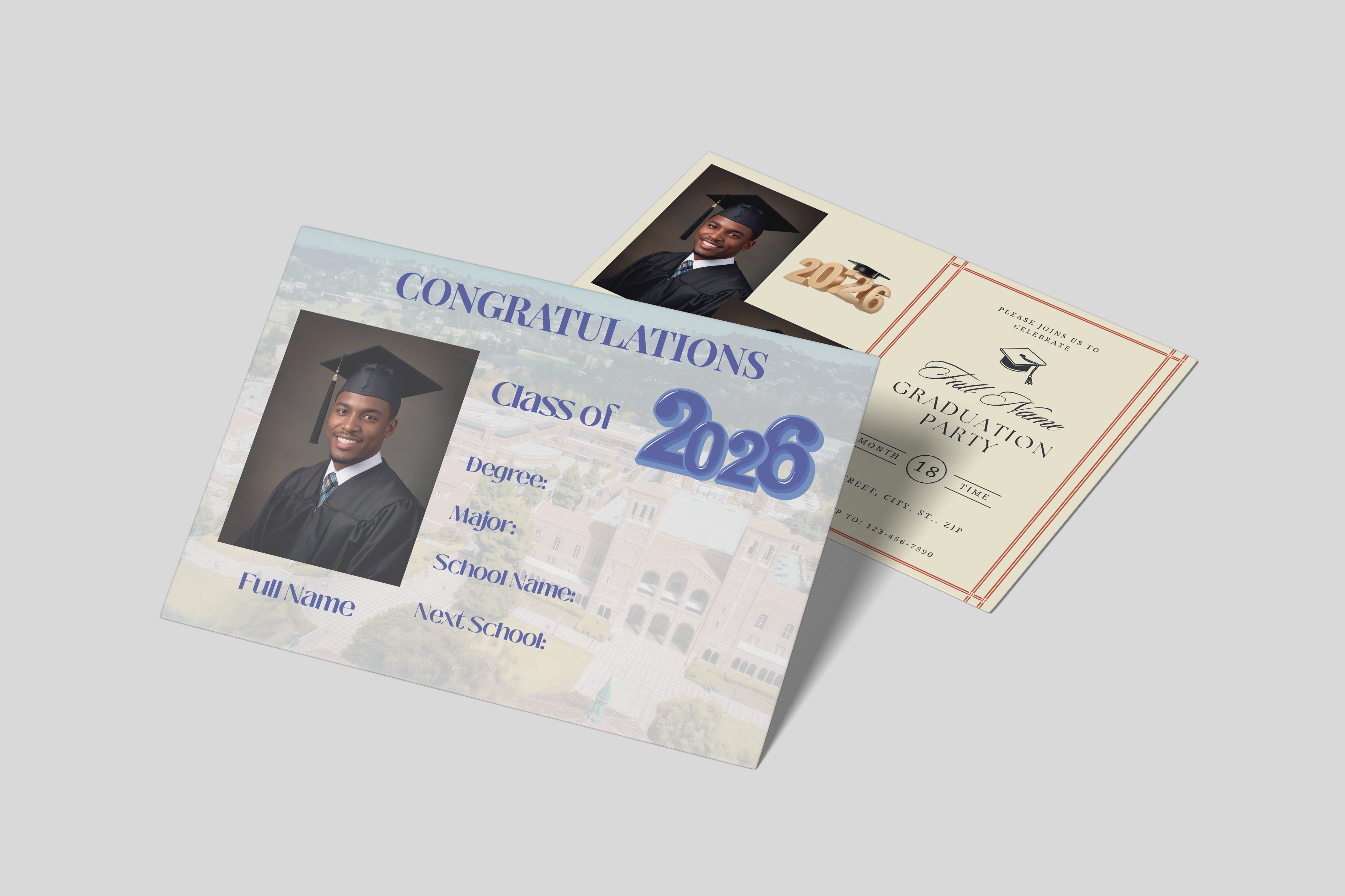 Graduation-themed invitations with a man in a cap and gown on a light gray background
