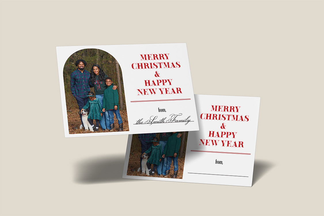 Two Christmas greeting cards shown on a light beige background. One card features a family portrait in an arched photo frame with red text reading 'MERRY CHRISTMAS & HAPPY NEW YEAR' and a line for the sender's name.