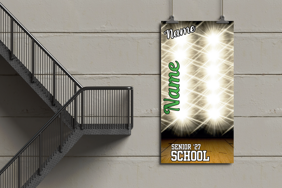 Promotional poster for a school event with 'Name' and 'Senior '27 School' text, hanging on a wall.