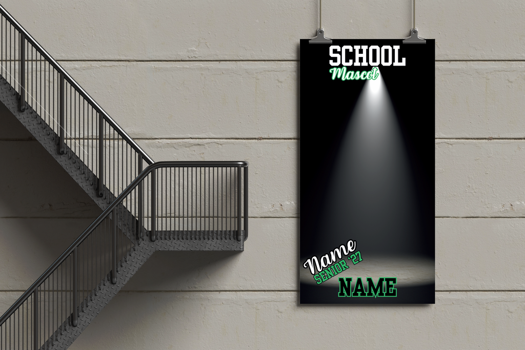 Promotional poster for a school musical on a wall next to a staircase