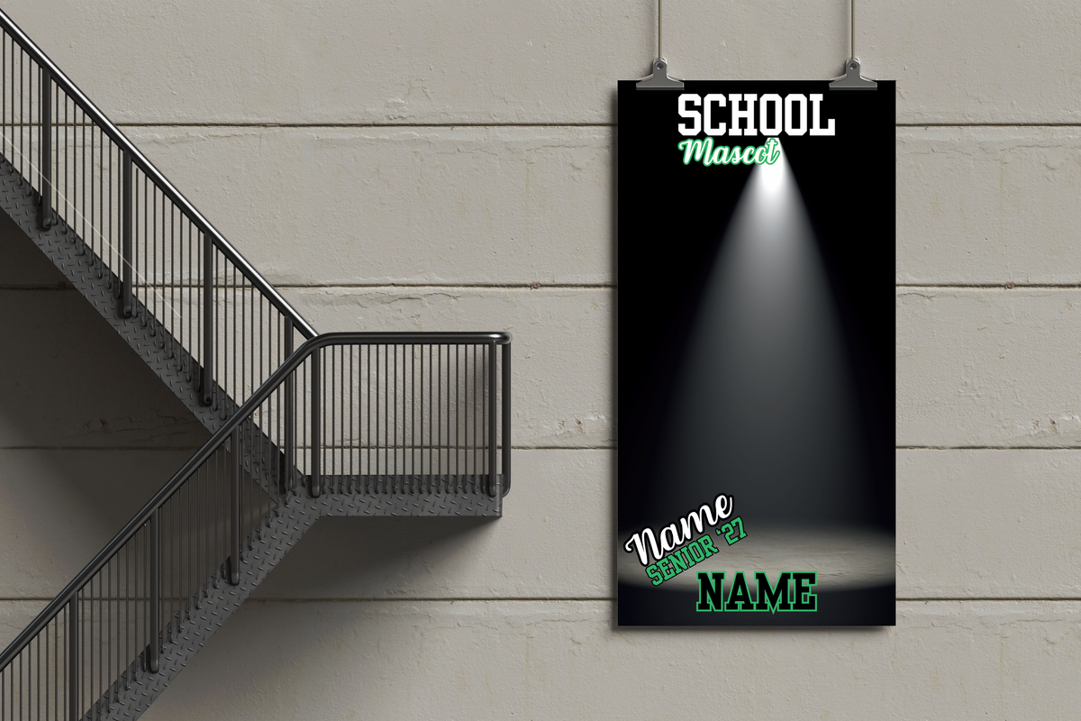 Promotional poster for a school musical on a wall next to a staircase