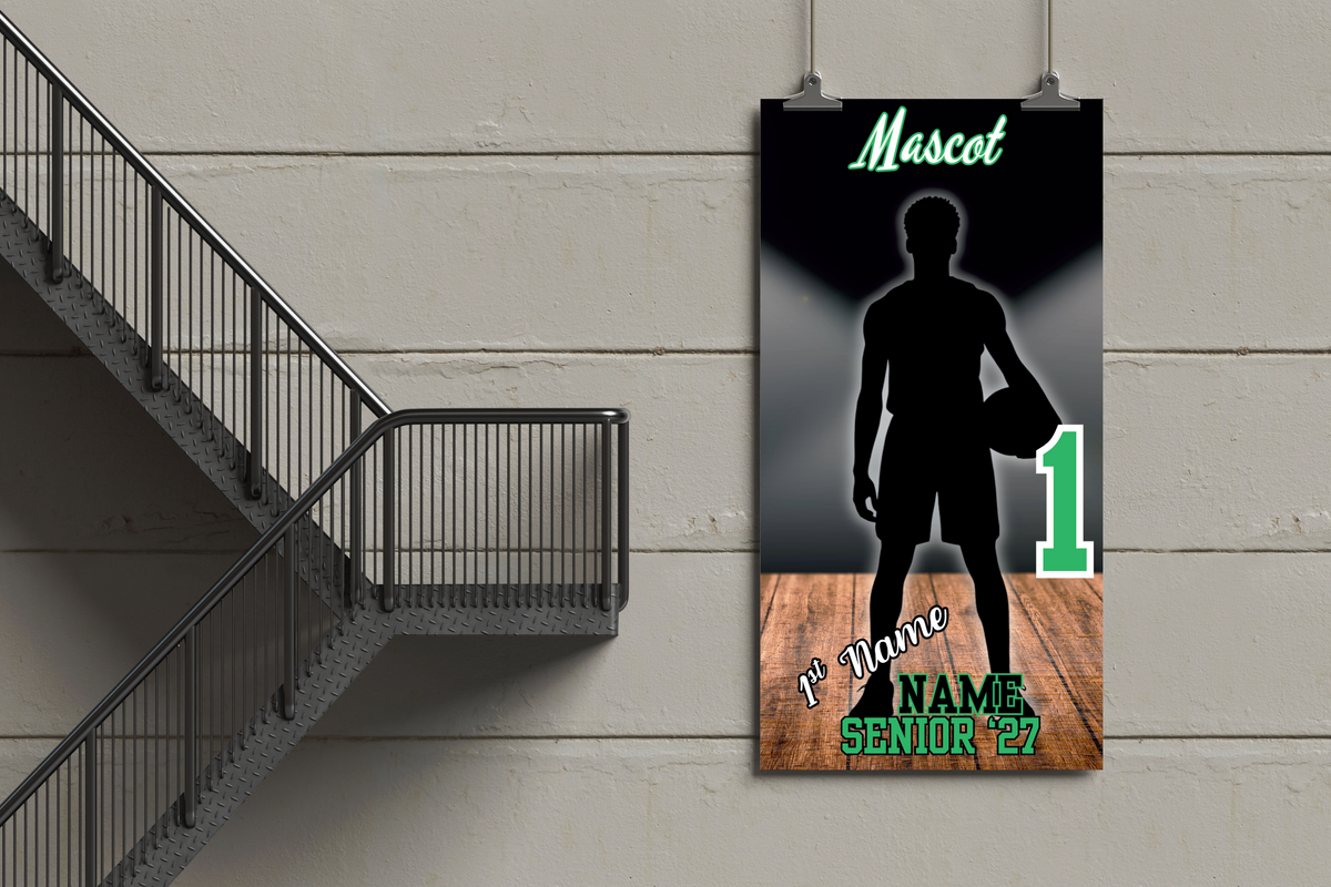Promotional poster with silhouette of a person and text on a wooden surface, hanging against a concrete wall.