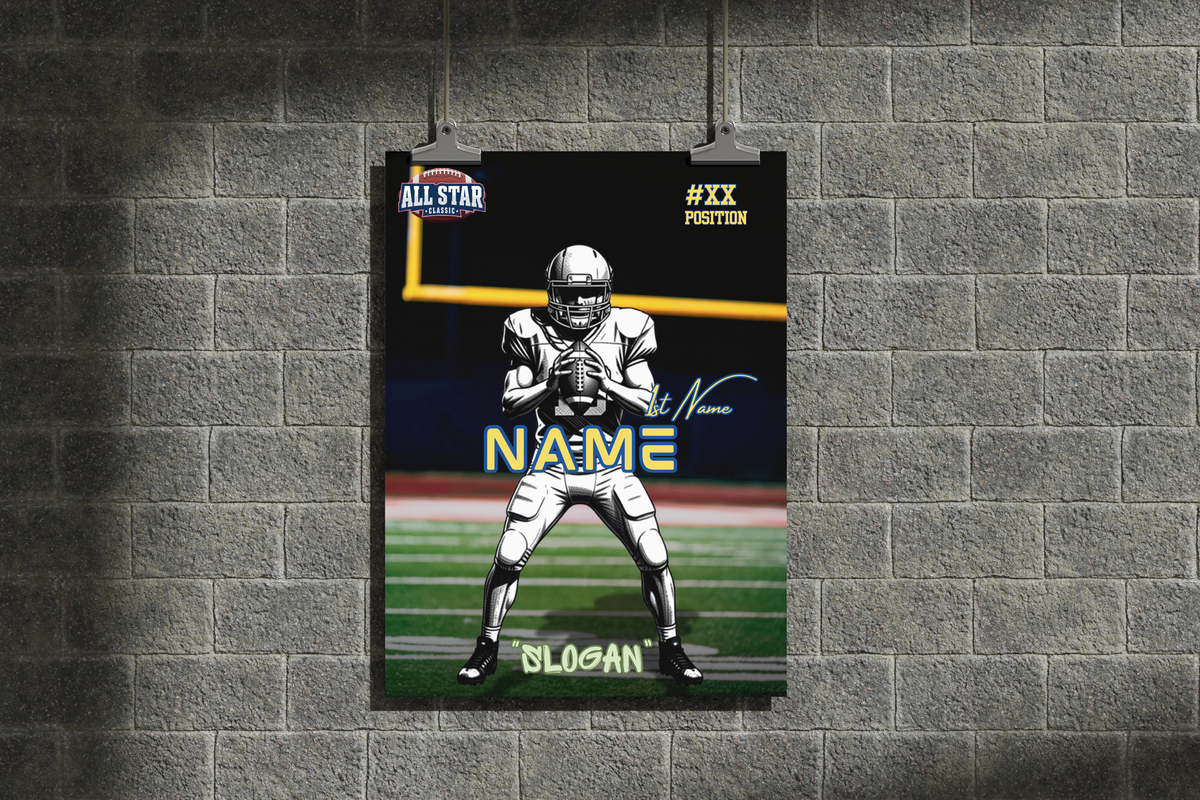 Football player poster on a brick wall