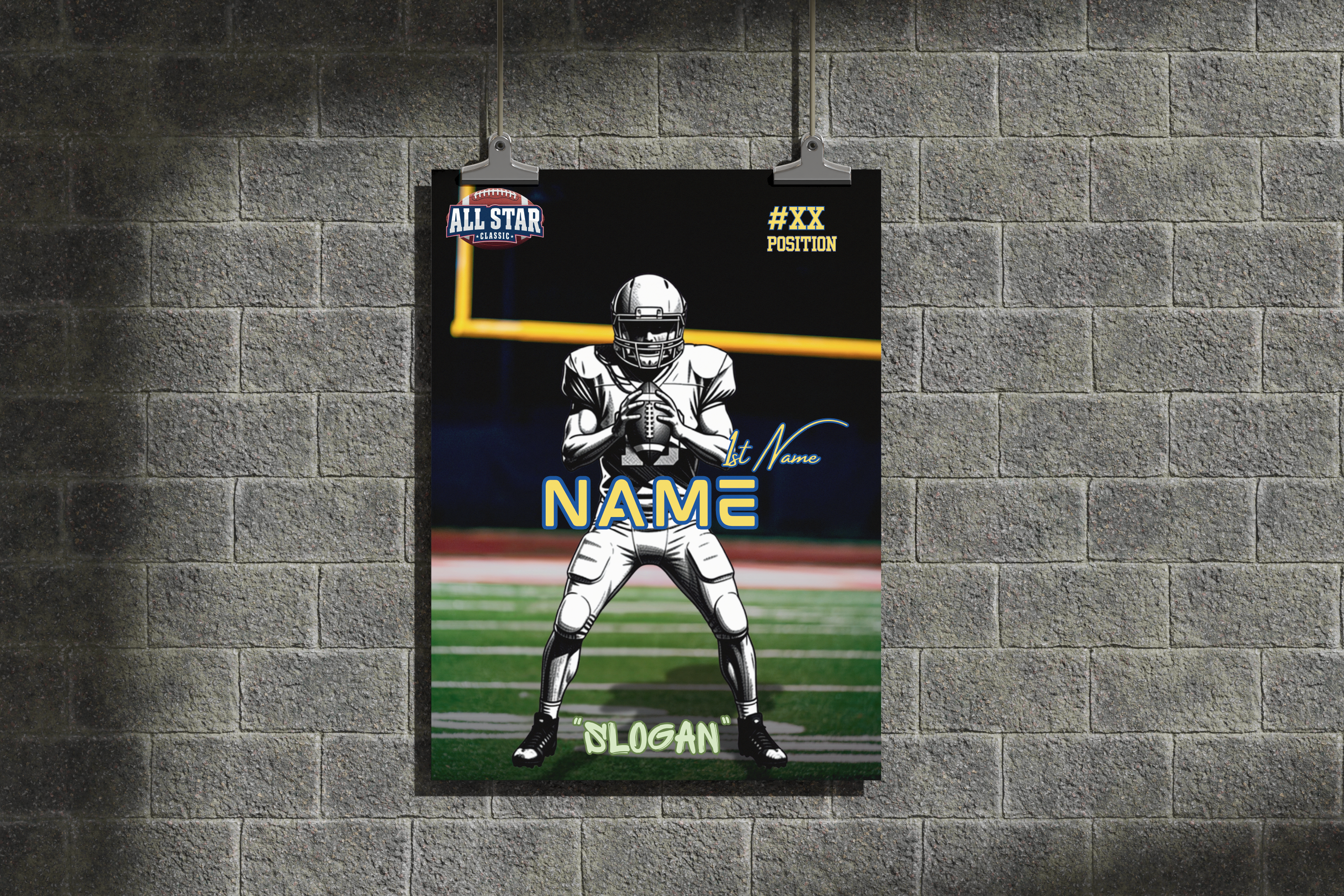 Football player poster on a brick wall
