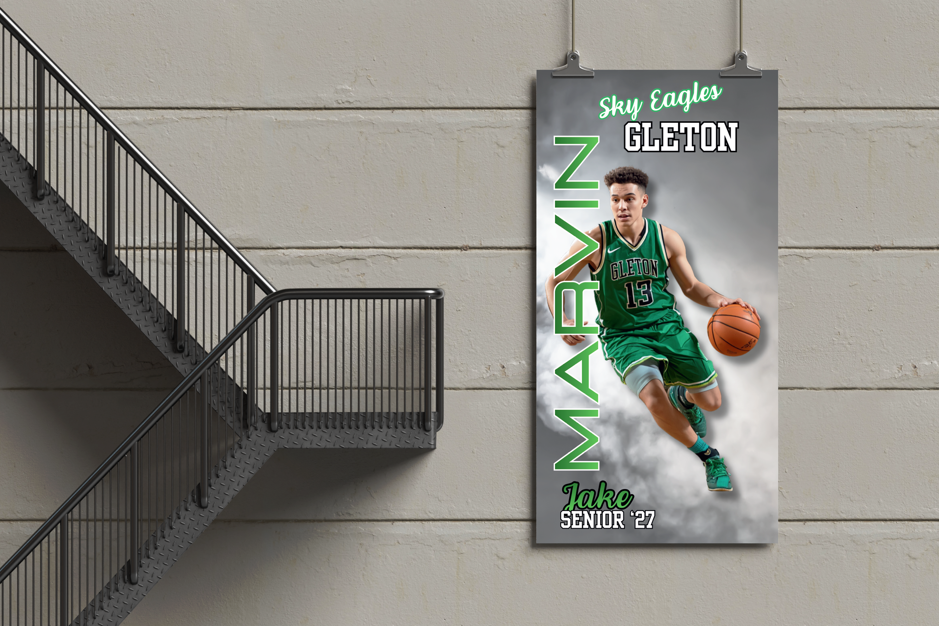 Basketball player poster on a wall next to a staircase