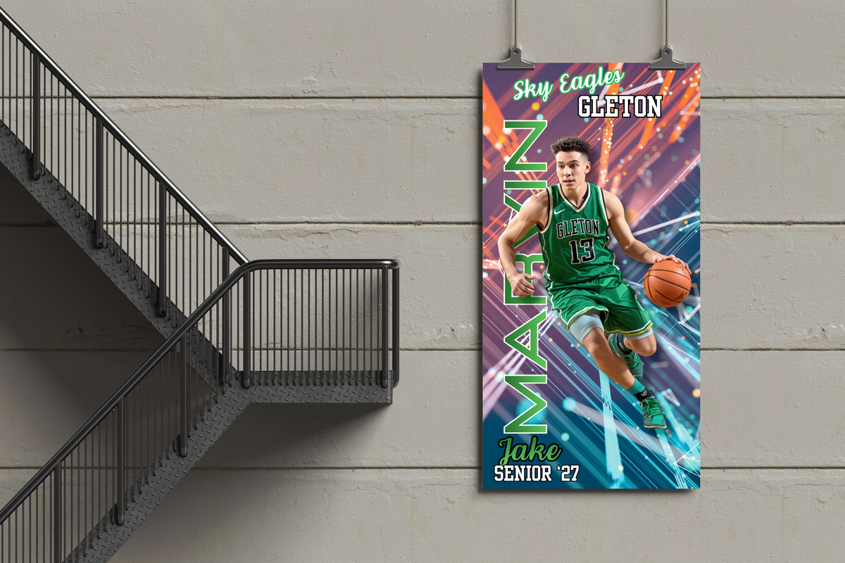 Basketball player poster on a wall with staircase in the background