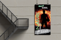 Customizable banner with silhouette of a person holding a basketball against a fiery background, displayed on a wall.