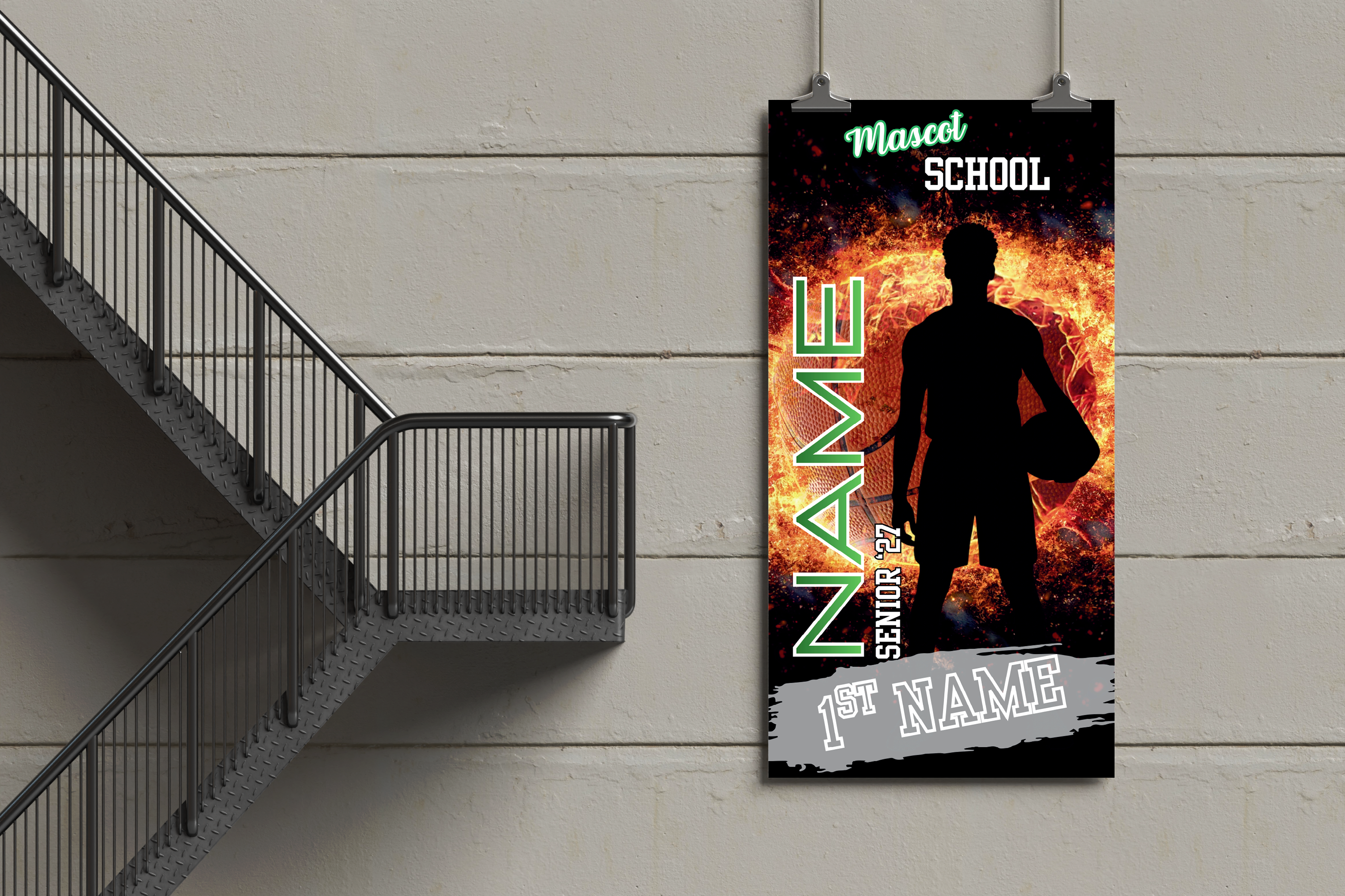 Customizable banner with silhouette of a person holding a basketball against a fiery background, displayed on a wall.