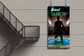 Basketball-themed promotional banner with silhouette of a player on a basketball court, displayed against a wall.