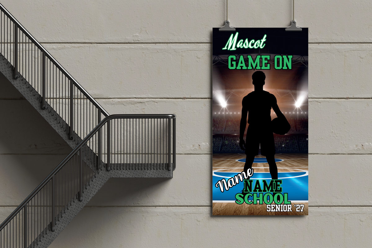 Basketball-themed promotional banner with silhouette of a player on a basketball court, displayed against a wall.