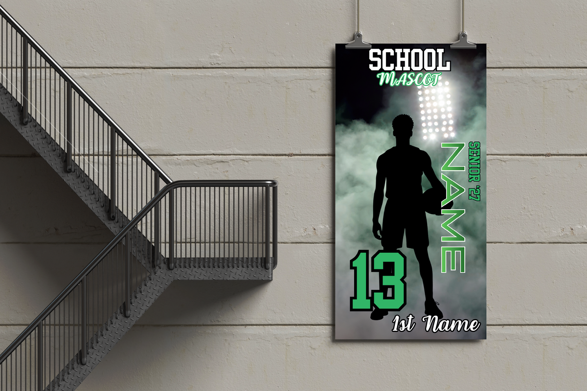 Customizable sports banner with silhouette of a player, customizable text, and stadium lights in the background.