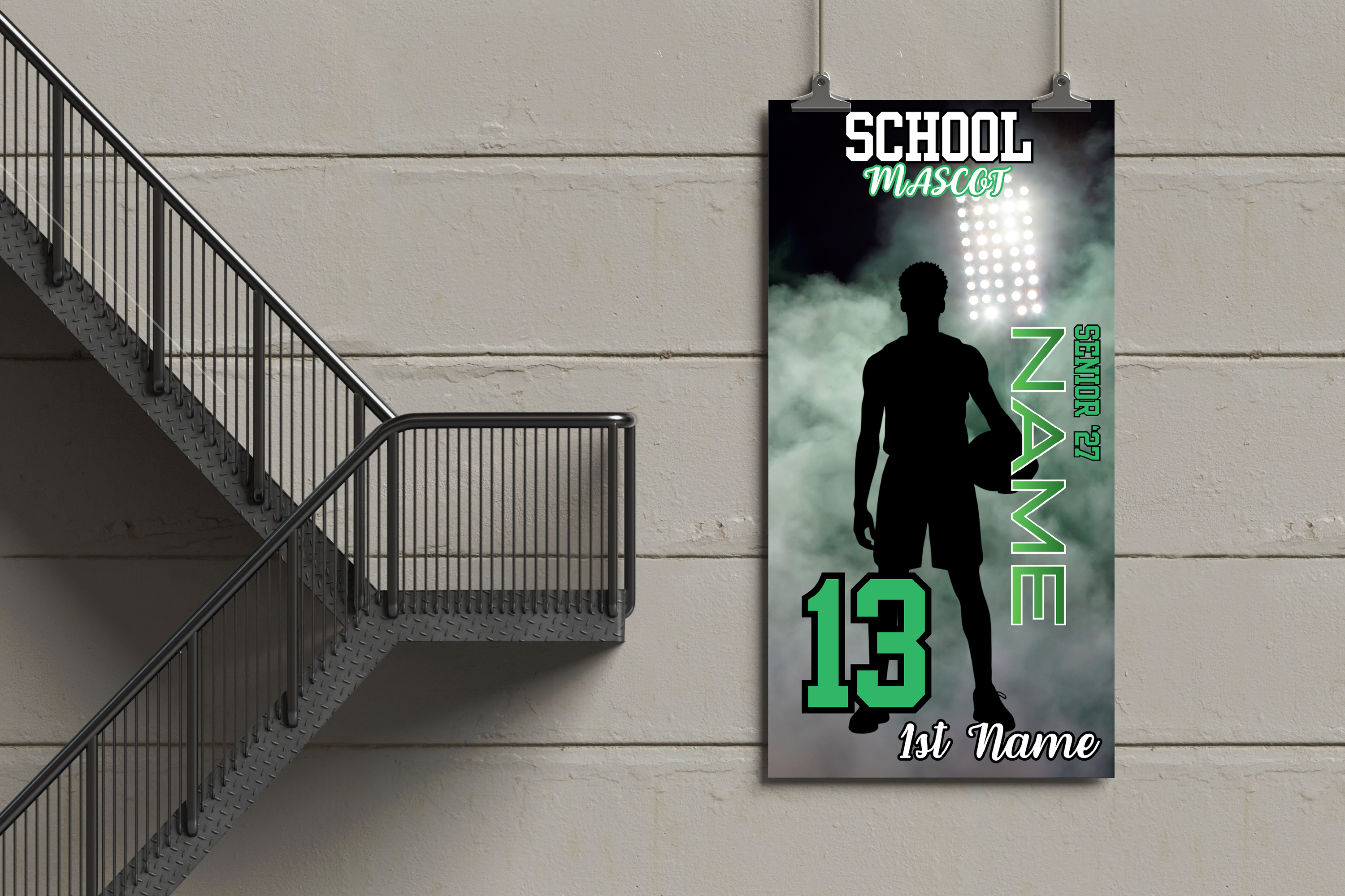 Customizable sports banner with silhouette of a player, customizable text, and stadium lights in the background.