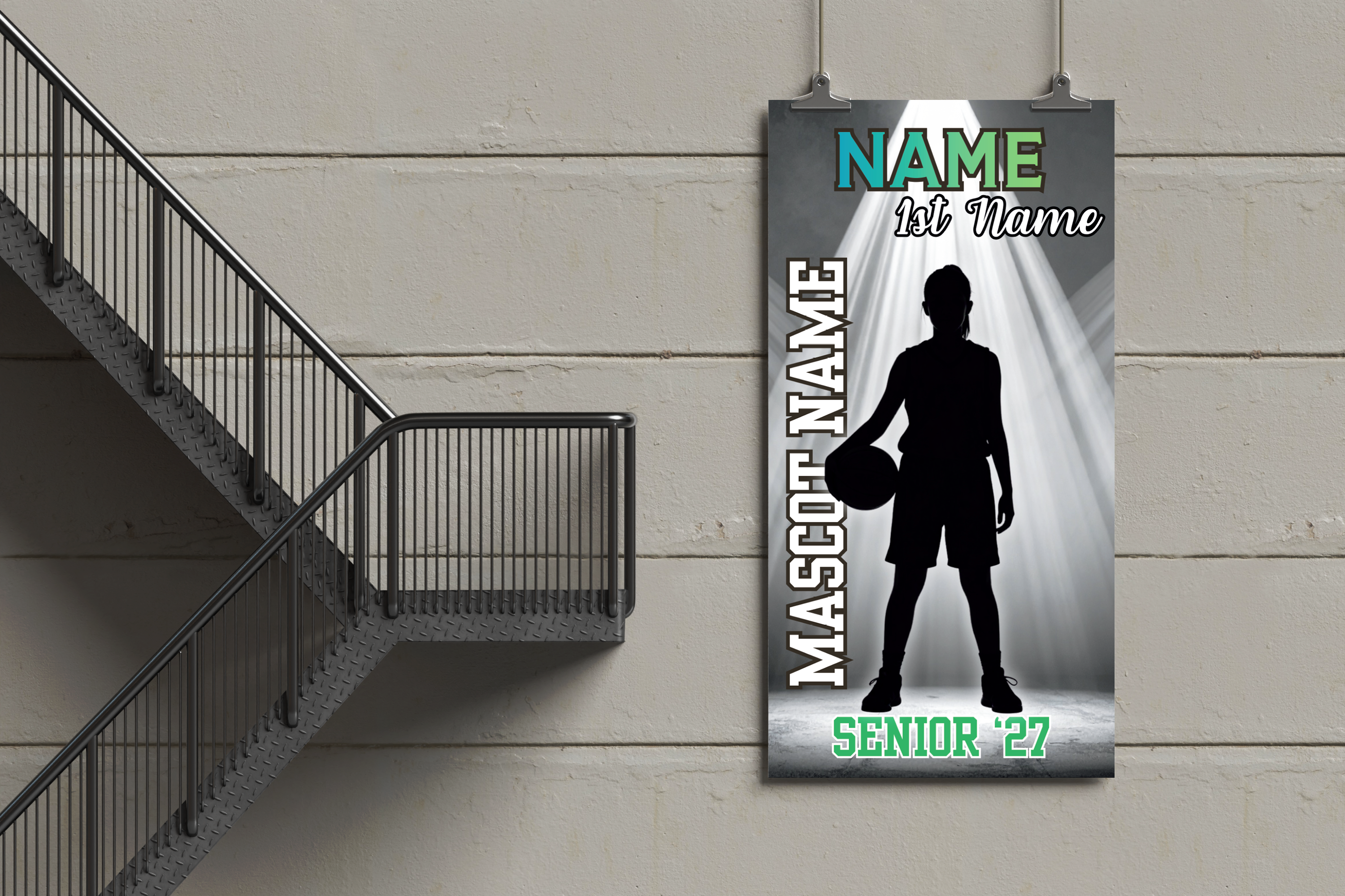 Personalized banner with basketball player silhouette and customizable text on a gray wall.