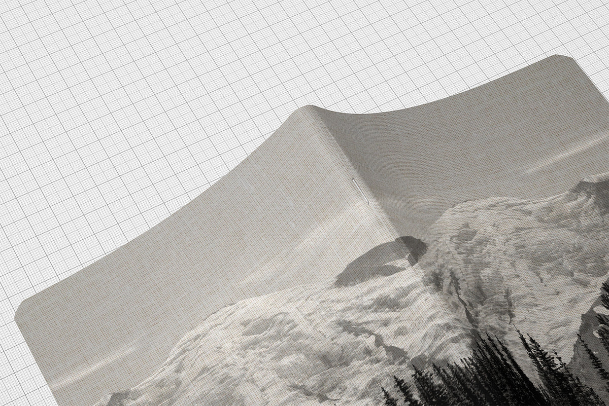 Mountain Majesty SquareFold journal featuring black-and-white photography of snow-covered Mount Rainier above evergreen forests, displayed with botanical accessories.