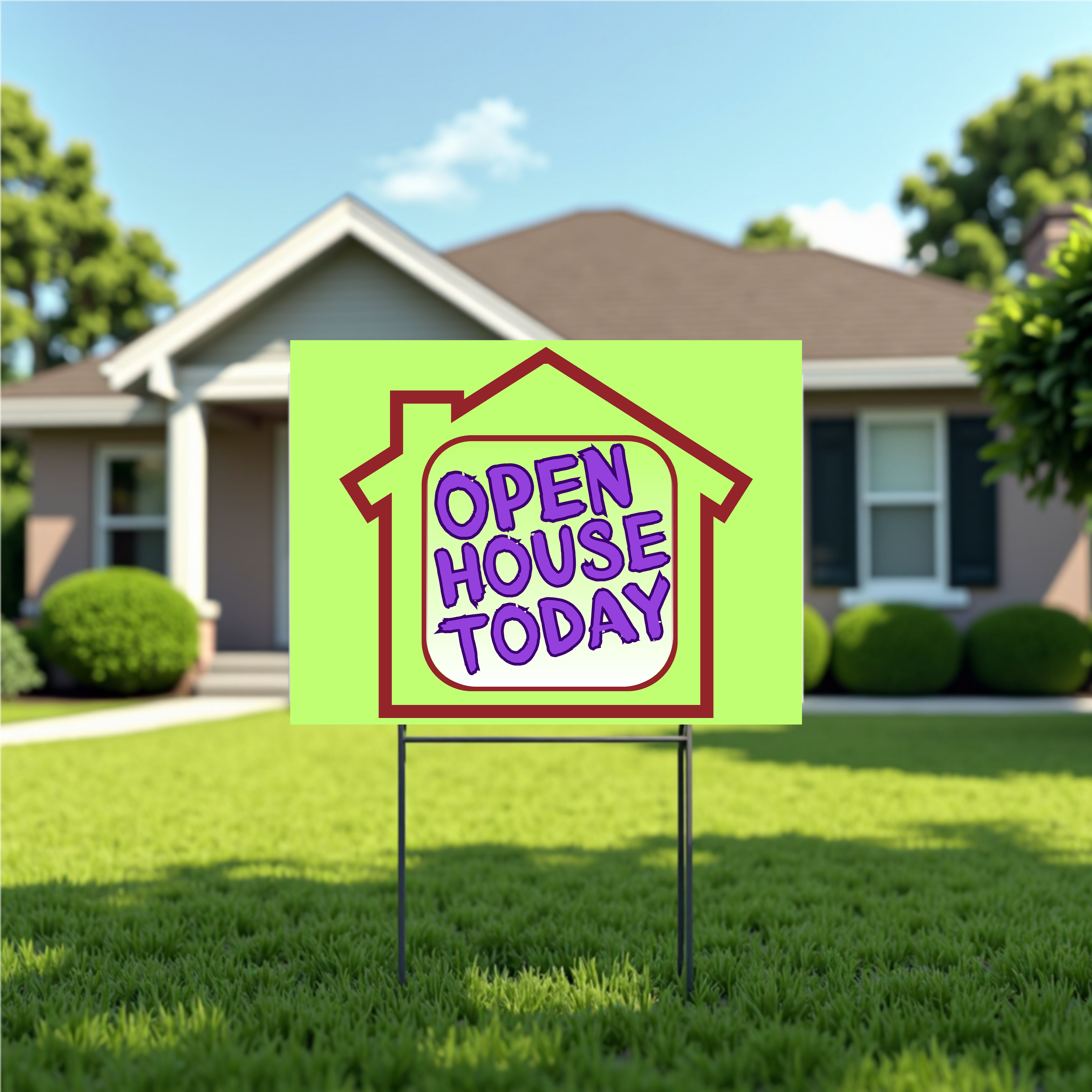 Open house sign in front of a house with green grass and trees.