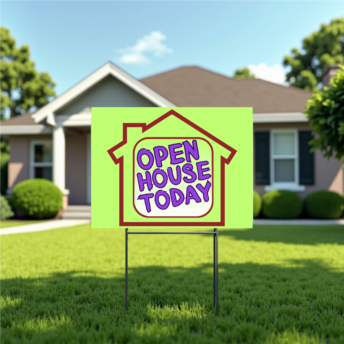 Open house sign in front of a house with green grass and trees.