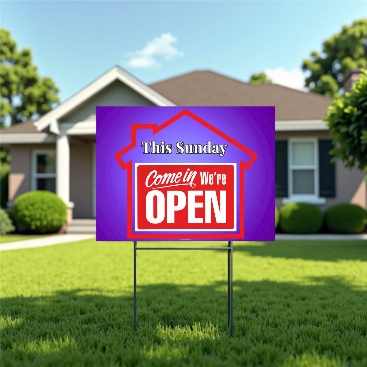 Open sign on a lawn in front of a house