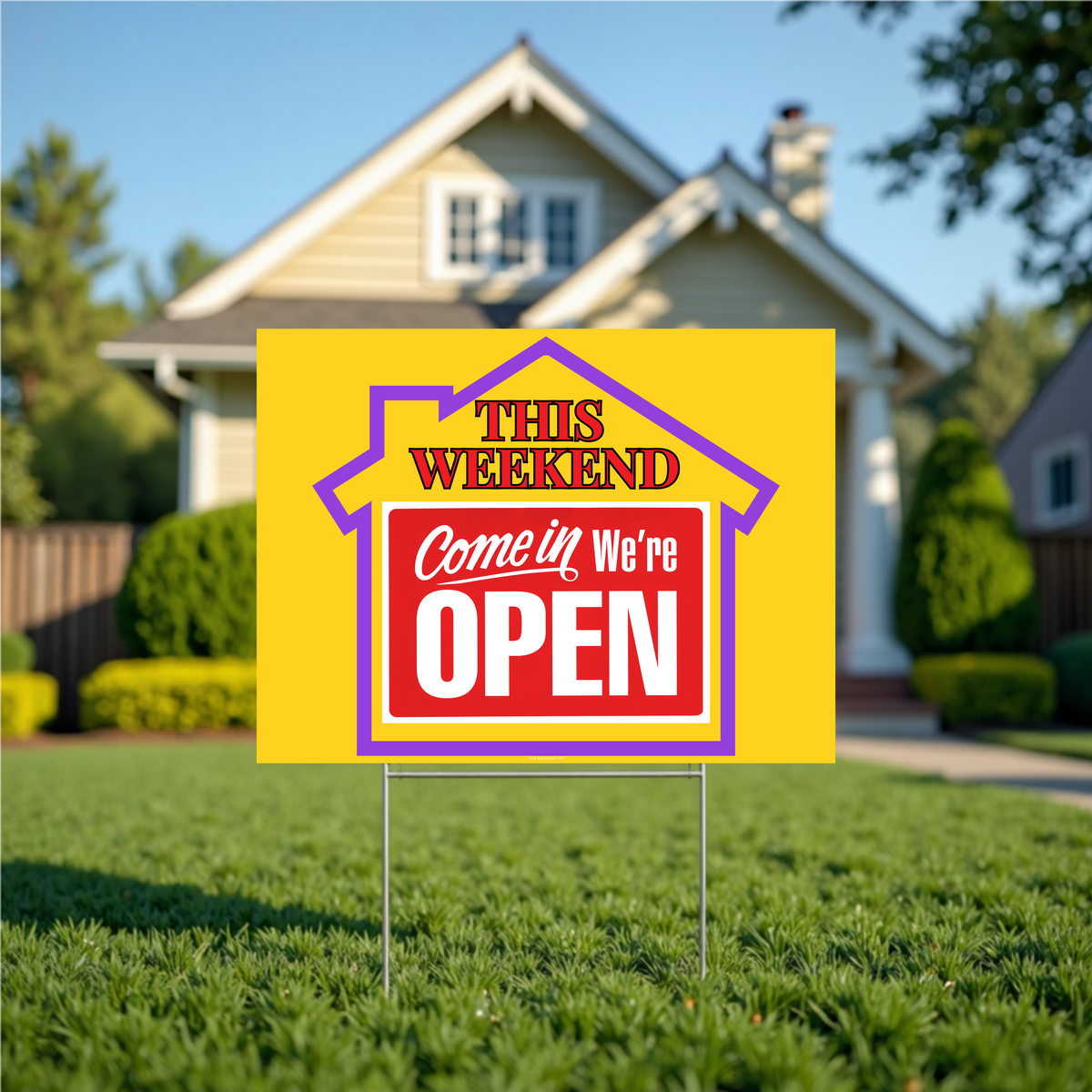 Promotional sign for a business opening this weekend in front of a house.
