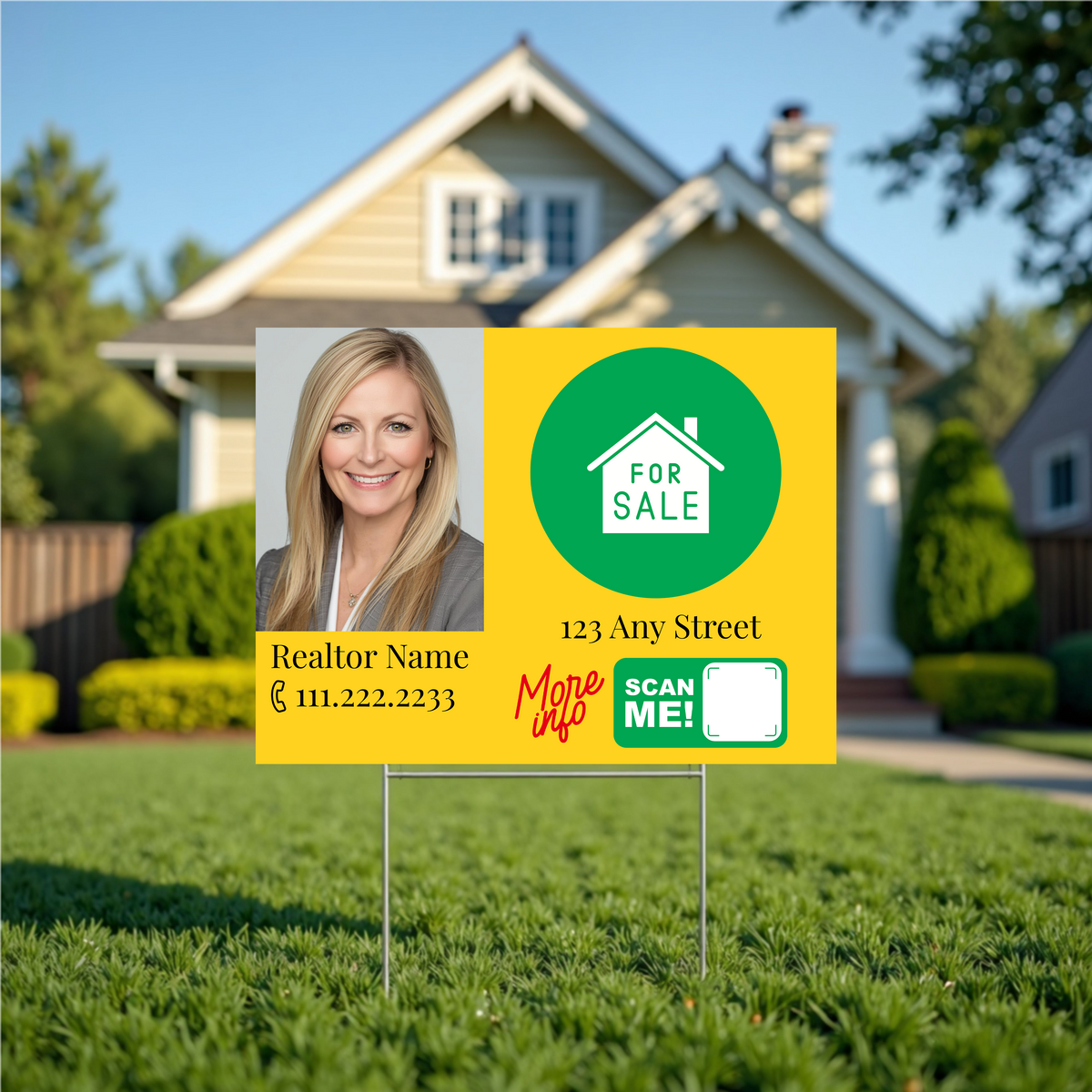 Real estate sign with a photo of a woman, contact information, and house for sale details in front of a house.