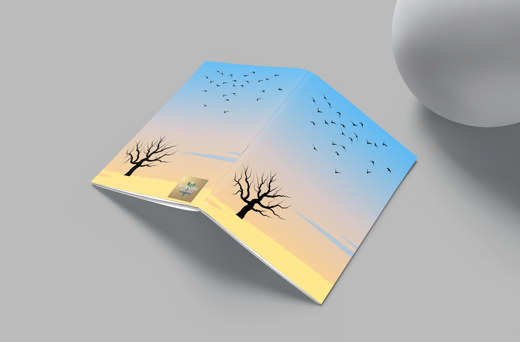 Book with a minimalist design featuring trees and birds on a gray background