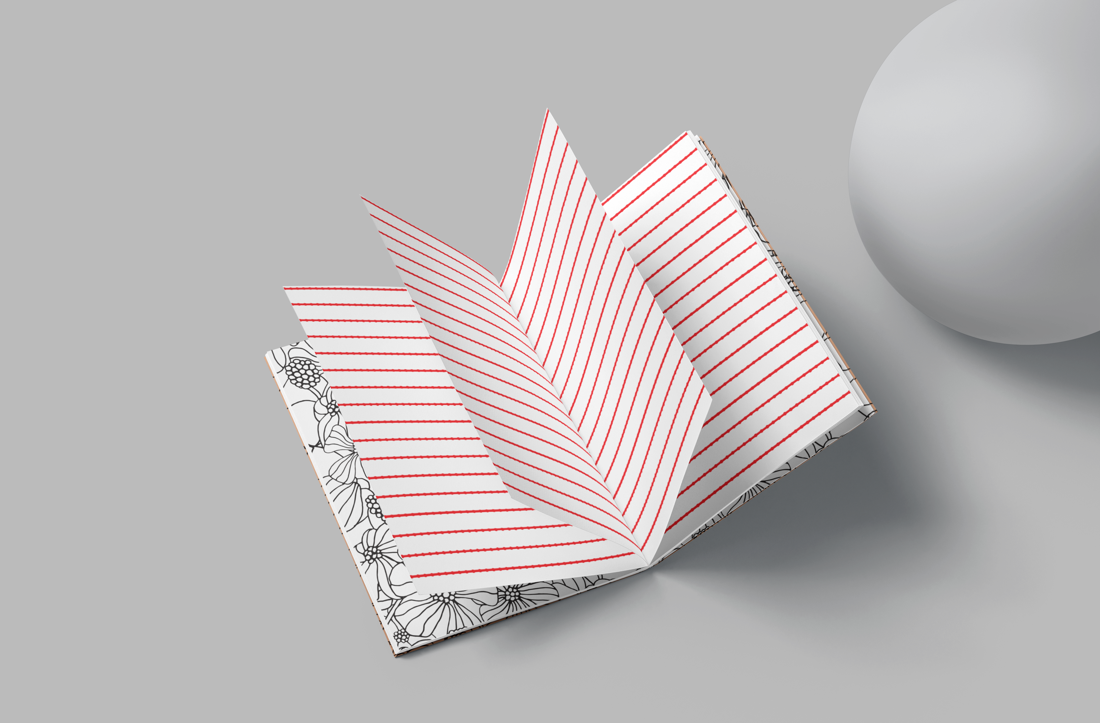 Notebook with red striped pages on a gray background
