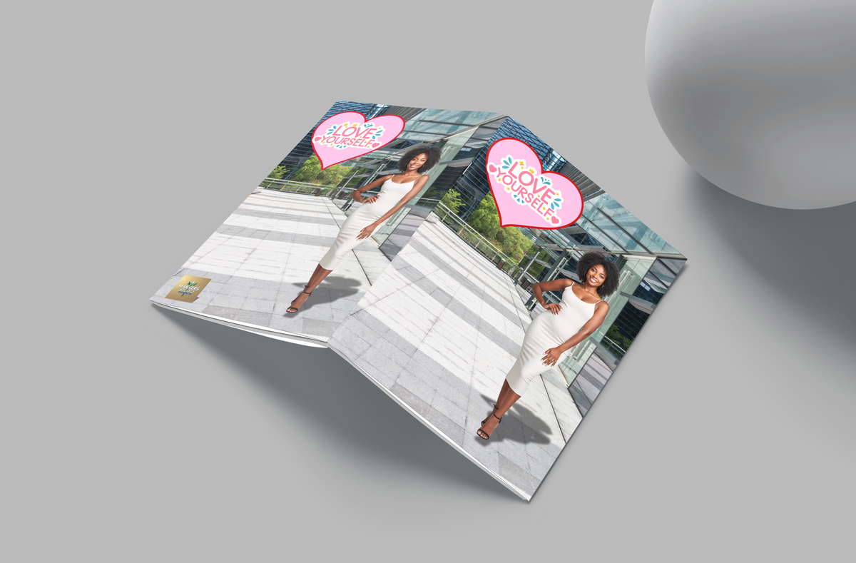 Open magazine or book with a woman on the cover against a gray background