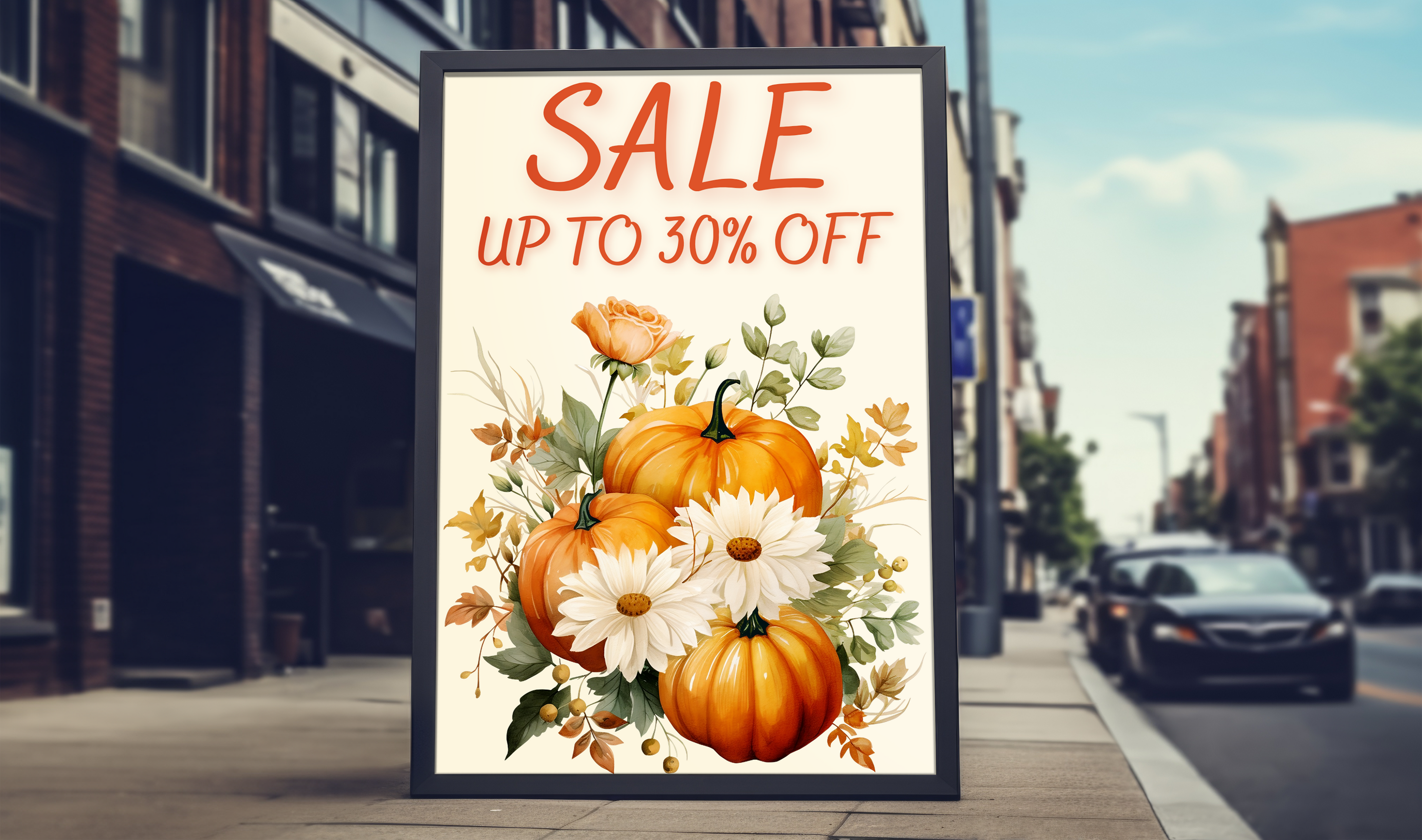 Framed sale poster with pumpkins and flowers on a city street background