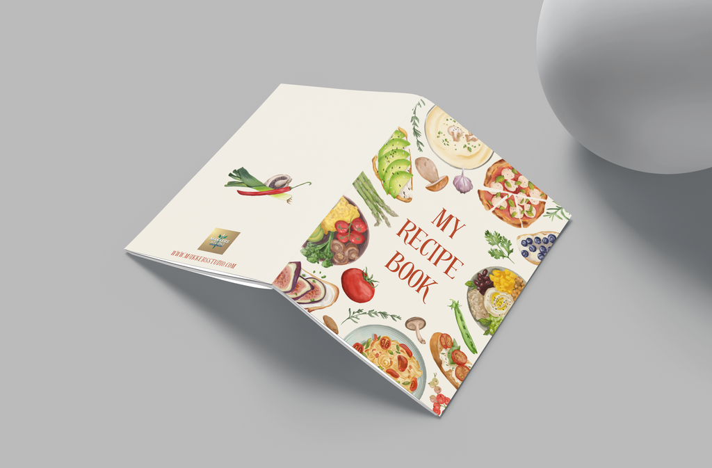 Receipe book with colorful vegetables.